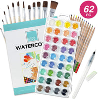 Bloque de colores 62 piezas de acuarela paquete de caja – Incluye | 36 piezas de acuarela para tarta | 12 juego de pinceles | 25 hojas de dibujo Pad | 12 piezas de acuarela juego de lápices | Suministros de arte para niños adultos suministros escolares - Arteztik
