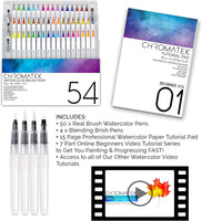 54 bolígrafos de acuarela, 15 páginas y vídeo en línea Tutorial Series de Chromatek. Punta de cepillo real. 4 pinceles de mezcla. Fácil de mezclar. Vivo. Liso. 50 colores únicos. Suministros de arte profesional. - Arteztik

