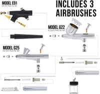 Master Airbrush - Sistema de aerógrafo profesional multipropósito con 3 aerógrafos, manguera de aire de 6 pies y soporte para aerógrafo, libro de capacitación - Arteztik
