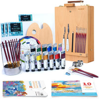 MEEDEN Juego de 46 piezas de pintura al óleo profesional con caja de caballete de mesa de madera, juego de pinceles con limpiador de pinceles de acero inoxidable, taza de paleta, paneles de lona y otros suministros de pintura
