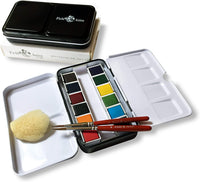 Field Artist Pro 12HP - juego completo de acuarela de viaje, incluye media paleta de 12 colores brillantes, 2 cepillos a la medida, una esponja de mar genuina, una caja clásica de metal, todo cabe en su bolsillo. - Arteztik

