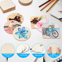 Jetika - Placas de madera sin terminar para manualidades y artes, cuadradas y redondas en blanco para bricolaje, piezas de madera natural para posavasos, azulejos, pintura, tallado, adornos (100 piezas) - Arteztik
