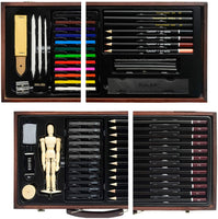 Juego de 58 piezas de arte profesional portátil para bocetos y dibujo con herramientas de dibujo para artistas en ciernes, kit de dibujo y dibujo con estuche de madera - Arteztik
