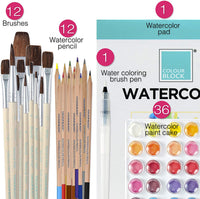 Bloque de colores 62 piezas de acuarela paquete de caja – Incluye | 36 piezas de acuarela para tarta | 12 juego de pinceles | 25 hojas de dibujo Pad | 12 piezas de acuarela juego de lápices | Suministros de arte para niños adultos suministros escolares - Arteztik
