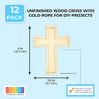 Cruz de madera sin terminar con cuerda dorada para proyectos de bricolaje (12 unidades) - Arteztik
