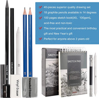 Juego de 40 lápices de dibujo, juego de dibujo y boceto, incluye 18 lápices de grafito, lápices de grafito y carbón, 100 páginas de libro de bocetos y accesorios para niños, adolescentes y adultos - Arteztik
