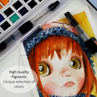 SCHPIRERR FARBEN Art Supplies - Juego de acuarelas para viaje (48 acuarelas, 20 hojas de papel de acuarela de 8.11 oz/m², 2 pinceles de acuarela, 1 paleta de acuarela de mezcla) - Arteztik
