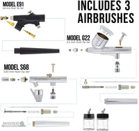 Master Airbrush Cool Runner II - Compresor de aire profesional con 3 juegos de aerógrafo, 0.012 in de gravedad y 0.035 in, alimentación sifón de 0.031 in - Soporte para manguera, guía de aprendizaje de aerógrafo - Arteztik
