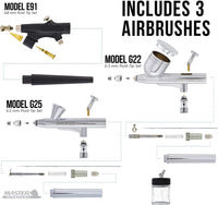Equipo profesional de 3 sistemas de aerógrafo con compresor y kit de pinturas de 6 colores primarios, de Master Airbrush - Arteztik

