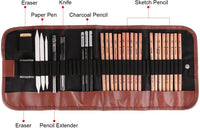 Powstro K Set de lápices de bocetos, 18 unidades, color carbón, bolsa de transporte de lápices de borrar para manualidades, cuchillo extensor de lápiz 29 piezas en total para principiantes artistas - Arteztik
