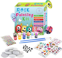 Kit de actividades al aire libre para niñas y niños a partir de 3 años con 12 rocas suaves, 12 pinturas acrílicas impermeables, 16 ojos Googly, 2 pinceles, 50 pegatinas de transferencia. Gran juego de manualidades y idea de regalo. - Arteztik
