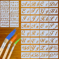 43 Pieces Letter Number Stencils Set for Painting on Wood Reusable Plastic Alphabet Stencils Upper and Lowercase Letters Numbers Signs Template and 3 Wooden Stencil Brushes, 160 Designs - Arteztik
