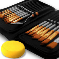 Benicci Paint Brush Set of 16 – 15 Different Shapes + 1 Flat Brush – with Pallete Knife and Sponge – Nylon Hair and Ergonomic Non Slip Matte Silver Handles - with Standable Organizing Case - Arteztik
