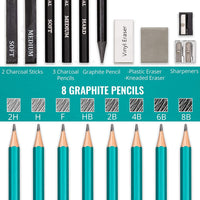 Juego de lápices de dibujo, dibujo y lápices de carbón. Incluye 100 hojas de dibujo y borrador de rodillas. Kit de arte y suministros para niños, adolescentes y adultos. - Arteztik
