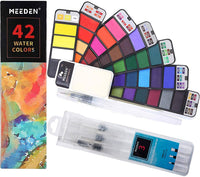 Juego de pintura de acuarela MEEDEN, 42 colores surtidos, juego de pintura plegable con 4 pinceles, kit de acuarela de bolsillo de viaje para estudiantes, adultos, principiantes, artistas, acuarelas, bosquejos, pintura al aire libre - Arteztik
