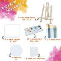 NIECHO - Juego de pintura acrílica para niños y principiantes, 28 piezas, kit de pintura artística con mini caballete de mesa, 3 lienzos, 10 pinceles, 12 pinturas, paleta y bolsa de transporte - Arteztik

