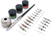 GC QUILL - Juego de bolígrafos de caligrafía de madera con 16 puntas de inmersión, 3 botellas de tinta y 1 soporte para bolígrafo, juego de caligrafía para principiantes - MU-04 - Arteztik
