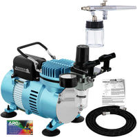 Master Airbrush Kit de sistema de aerografía multiusos con sifón alimentado de doble acción aerógrafo punta de 0.014 in, vaso de líquido de 3/4 oz, Pro 1/5 hp Cool Runner II compresor de aire de doble ventilador – manguera, soporte, cómo guía - Arteztik
