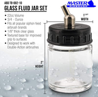 Master Airbrush (Pack of 10) TB-002 Empty 3/4 Ounce (22cc) Glass Jar Bottles with 30° Down Angle Adaptor Lid Assembly - Fits Dual-Action Siphon Feed Airbrushes, Use with Master, Badger, Paasche, Iwata - Arteztik
