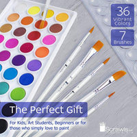 Juego de acuarela para tartas, 36 acuarelas, 7 pinceles de pintura y 12 hojas de acuarela. Este juego de acuarelas es ideal para niños y artistas principiantes. El juego de arte perfecto. - Arteztik
