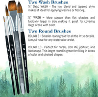 Princeton Aqua Elite Professional pinceles de acuarela serie 4850 – Juego de 4 pinceles de Kolinsky Sable sintéticos para acuarela y aceite – Redondo 3 – Redondo 10 – Oval Wash 1⁄2 pulgadas – Oval Wash 3⁄4 pulgadas - Arteztik
