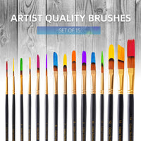Color Technik - Juego de 15 pinceles de pintura de calidad artística para pintura acrílica, acuarela, gouache, aceite, pintura facial, etc. Hecho a mano, pelo de taklon, redondo, plano, de filbert, ángulo y rigger. - Arteztik
