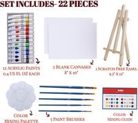 Kit de pintura de lienzo de 22 piezas con caballete de madera, lienzos de 8 x 10 pulgadas, 12 pinturas lavables no tóxicas, 5 pinceles, paleta y guía de mezcla de colores - Arteztik
