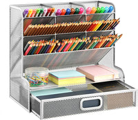 Marbrasse Mesh Desk Organizer, Multi-Functional Pen Holder, Pen Organizer for Desk, Desktop Stationary Organizer, Storage Rack for School Home Office Art Supplies (Silver Mesh Pen Holder with Drawer) - Arteztik
