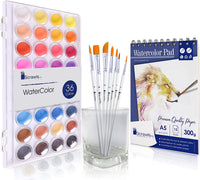 Juego de acuarela para tartas, 36 acuarelas, 7 pinceles de pintura y 12 hojas de acuarela. Este juego de acuarelas es ideal para niños y artistas principiantes. El juego de arte perfecto. - Arteztik
