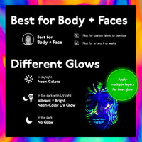 8 frascos de pintura cuerpos y rostros. Se ve bajo luz fluorescente o luz negra
