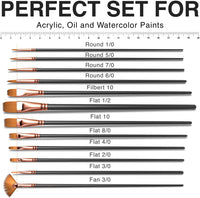Juego de 12 pinceles de pintura profesional para artistas, kit de pinceles de pintura para niños, adultos fabulosos para lienzo, acuarela y tela, para principiantes y profesionales, ideal para acuarela, pintura al óleo o acrílica - Arteztik
