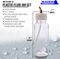 Master Airbrush (paquete de 10) TB-009 Botellas de plástico vacías de 3.4 onzas (100 cc) con adaptador de ángulo inferior de 30° – Se adapta a aerógrafos de alimentación de sifón de doble acción, uso con Master Badger Paasche Iwata - Arteztik
