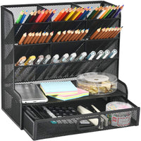 Marbrasse Mesh Desk Organizer, Multi-Functional Pen Holder, Pen Organizer for Desk, Desktop Stationary Organizer, Storage Rack for School Home Office Art Supplies (Silver Mesh Pen Holder with Drawer) - Arteztik
