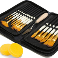 DUGATO - Juego de pinceles de pintura para artistas, 15 piezas, incluye estuche de transporte con paleta y 2 esponjas para acrílico, aceite, acuarela, arte, modelo de escala, cara, pintura por números para adultos - Arteztik
