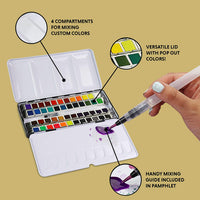 El juego de 48 medias sartenes de acuarela prémium en paleta de metal con pinturas de acuarela fiel a color, cepillo de agua recargable, guía técnica y una hoja de swatch para artistas en movimiento. - Arteztik
