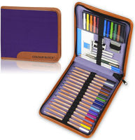 Juego de 40 piezas con 16 lápices de colores para dibujos, 12 pasteles suaves, 2 lápices de dibujo, almohadilla de dibujo y herramientas variadas en una funda de transporte con cremallera de lona - Arteztik
