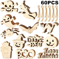 60 piezas de madera para colgar en blanco para Halloween, adornos de madera, recortes de Halloween, manualidades con 60 cuerdas de cordel para decoración de Halloween - Arteztik
