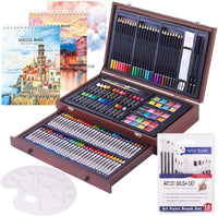 Juego de 162 piezas de arte de lujo, 2 libros de 50 páginas, 1 bloc de acuarela de 24 páginas, suministros de arte en estuche de madera portátil con ceras, pasteles de aceite, lápices de colores, tartas de acuarela, kit de arte profesional - Arteztik

