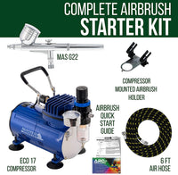 Kit de aerógrafo de doble acción y alimentación por gravedad multiusos, de Master Airbrush, con manguera de 6 pies y potente compresor de aire silencioso de 1/5 hp de un solo pistón - Arteztik
