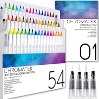 54 bolígrafos de acuarela, 15 páginas y vídeo en línea Tutorial Series de Chromatek. Punta de cepillo real. 4 pinceles de mezcla. Fácil de mezclar. Vivo. Liso. 50 colores únicos. Suministros de arte profesional. - Arteztik
