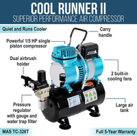 Master Airbrush Cool Runner II Kit de compresor de aire con doble ventilador con un juego profesional G222 Kit de aerógrafo de gravedad con 3 puntas de 0,2, 0,3 y 0.020 in – Manguera, soporte, guía de instrucciones – Hobby, Auto, pastel, tatuaje - Arteztik
