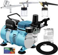 Master Airbrush Cool Runner II - Compresor de aire profesional con 3 juegos de aerógrafo, 0.012 in de gravedad y 0.035 in, alimentación sifón de 0.031 in - Soporte para manguera, guía de aprendizaje de aerógrafo - Arteztik
