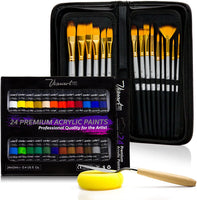 VisuartPRO Juego de pinceles de pintura acrílica con 15 pinceles de artista de primera calidad y 24 colores de pintura acrílica, kit definitivo para lienzo, madera, cerámica, tela (juego de pintura acrílica) - Arteztik
