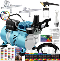Equipo profesional de 3 sistemas de aerógrafo con compresor y kit de pinturas de 6 colores primarios, de Master Airbrush - Arteztik
