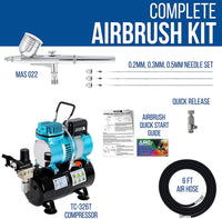 Master Airbrush Cool Runner II Kit de compresor de aire con doble ventilador con un juego profesional G222 Kit de aerógrafo de gravedad con 3 puntas de 0,2, 0,3 y 0.020 in – Manguera, soporte, guía de instrucciones – Hobby, Auto, pastel, tatuaje - Arteztik
