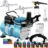Equipo profesional de 3 sistemas de aerógrafo con compresor y kit de pinturas de 6 colores primarios, de Master Airbrush - Arteztik
