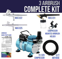Master Airbrush - Sistema de aerógrafo profesional multipropósito con 3 aerógrafos, manguera de aire de 6 pies y soporte para aerógrafo, libro de capacitación - Arteztik
