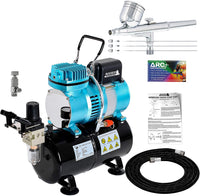 Master Airbrush Cool Runner II Kit de compresor de aire con doble ventilador con un juego profesional G222 Kit de aerógrafo de gravedad con 3 puntas de 0,2, 0,3 y 0.020 in – Manguera, soporte, guía de instrucciones – Hobby, Auto, pastel, tatuaje - Arteztik
