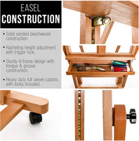 US Art Supply Malibu extragrande H-Frame Deluxe – Caballete de madera Studio con inclinación ajustable y ruedas Caster - Arteztik
