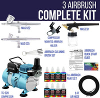 Equipo profesional de 3 sistemas de aerógrafo con compresor y kit de pinturas de 6 colores primarios, de Master Airbrush - Arteztik
